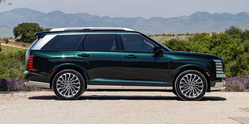 Side profile of a dark green Hyundai Palisade SUV parked on a scenic road with mountains in the background