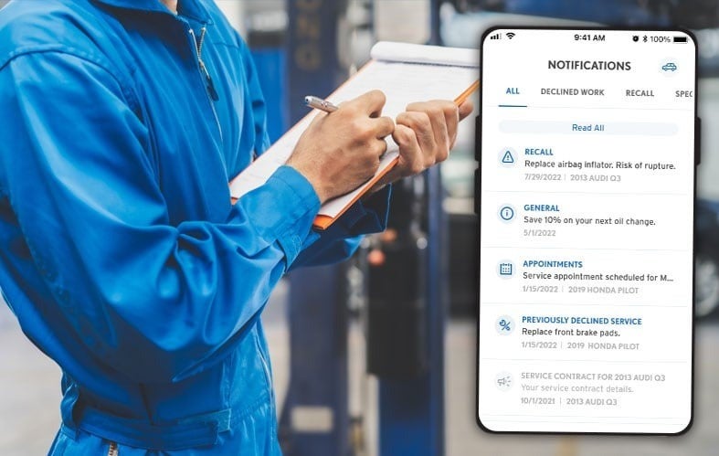 Mechanic writing on clipboard, superimposed with a smartphone screen showing automotive service notifications